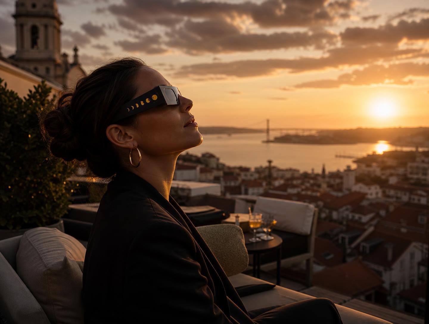 Guest wearing certified solar eclipse glasses on the Ruby Rosa Rooftop overlooking Lisbon at sunset